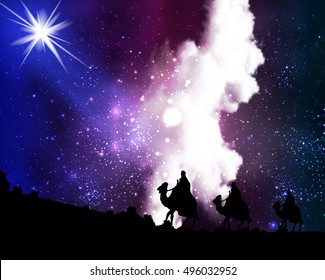 Three wise men by a star on the background of cosmic sky