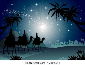 Three Wise Men with camel in the starry night landscape with eastern-transparency blending effects and gradient mesh-EPS 10