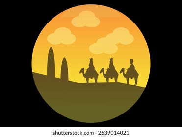 Tres hombres sabios con camellos cruzando el desierto