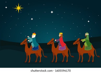 The three wise men with camels on the desert with the east comet of bethlehem.
