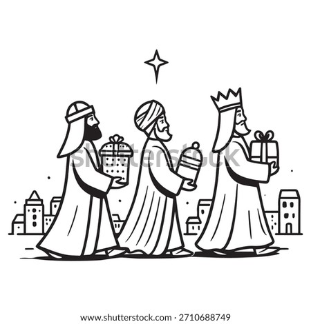 Three wise men carrying gifts under star christmas nativity