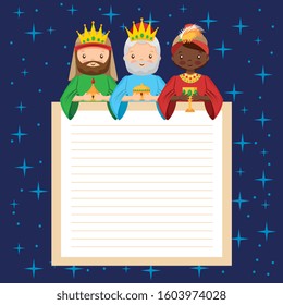 three wise men cartoon with blank paper. vector illustration