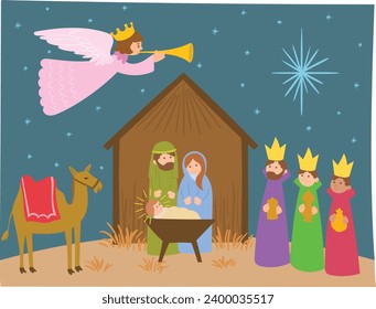 Three Wise Men. Cartoon character design. Melchior, Gaspard and Balthazar with presents for Jesus. 