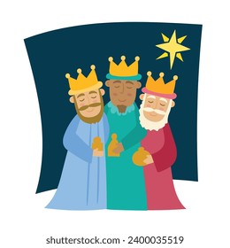 Three Wise Men. Cartoon character design. Melchior, Gaspard and Balthazar with presents for Jesus. 