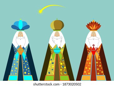 Tres sabios de Navidad. Tres reyes bíblicos, Caspar, Melchior y Balthazar. Concepto de Natividad Belén, Epifanía es un festival cristiano. El regalo del vector Magi aislado en el cielo azul y el cometa