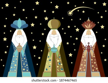 Three wise men Christmas. Three biblical Kings, Caspar, Melchior and Balthazar. Bethlehem Nativity concept, Epiphany is a Christian festival. The Gift of the Magi vector isolated, black sky and comet