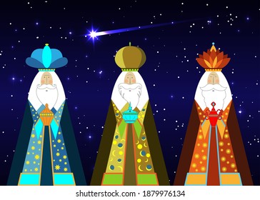 Three wise men Christmas. Three biblical Kings, Caspar, Melchior and Balthazar. Bethlehem Nativity concept, Epiphany is a Christian festival. The Gift of the Magi vector isolated on blue sky and comet