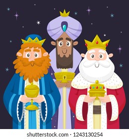 Three Wise Men christmas card. Melchior, Gaspard and Balthazar bringing presents for Jesus. Christian nativity concept. Vector illustration.