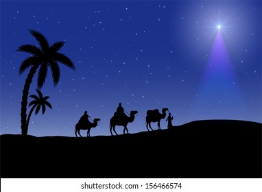 Three wise men and Christmas star on night background, illustration.