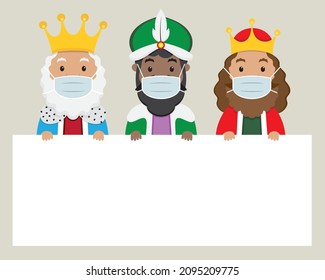 The three Wise Men from the east with an anti covid-19 mask. Poster with space for text