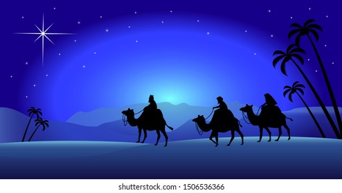 Three wise men of the east led by the star of Bethlehem