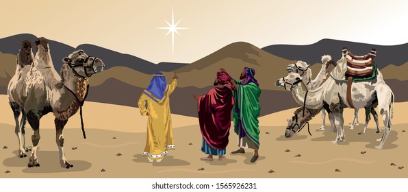 Three Wise Men From The East - with star, camels, desert vector