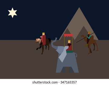 Three wise men from the East wander through the desert on a horse, camel and elephant, following the Star of Bethlehem.