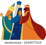 Three Wise Men.  Epiphany celebration. Traditional Spanish Three Kings Day. Isolated Flat Vector Characters. 