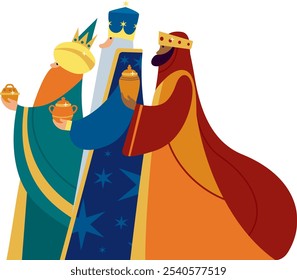 Three Wise Men.  Epiphany celebration. Traditional Spanish Three Kings Day. Isolated Flat Vector Characters. 