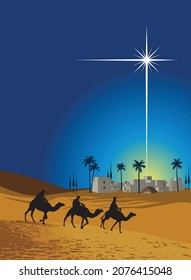 The three Wise Men follow the star to find the baby Jesus, 