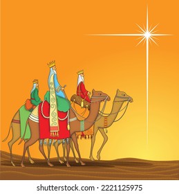 The three Wise Men follow the star to find the baby Jesus, 