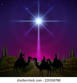 Three wise men follow the star of Bethlehem. EPS 10, contains transparency.