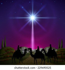 Three wise men follow the star of Bethlehem. EPS 10, contains transparency.