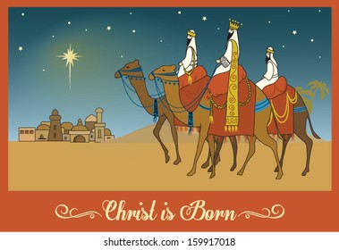 Three Wise Men Following the Bethlehem Star - Christmas Greeting Card with a scene from New Testament 