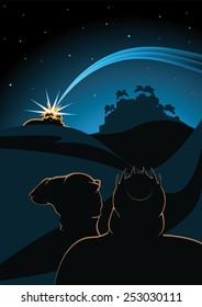 Three Wise Men following the Holy Star to Bethlehem on Christmas Eve to witness the birth of Christ, vector Christmas greeting card design