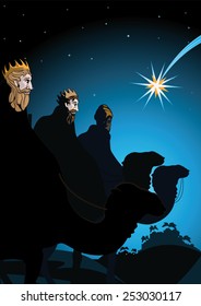 Three Wise Men following the Holy Star to Bethlehem on Christmas Eve to witness the birth of Christ  vector Christmas greeting card design