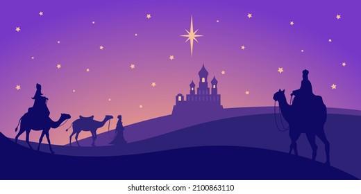 The three wise men following the star. Three Kings Day.