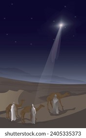 Tres sabios siguiendo la estrella en el desierto. Mateo 2:9 Ilustración vectorial. Historia de la Biblia. 