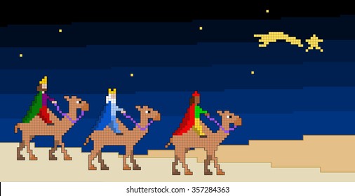 The three wise men following the star. Pixelated vector illustration