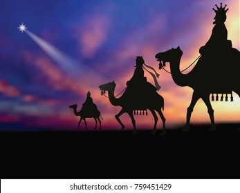 Three wise men following the star to baby Jesus. EPS 10 vector illustration.