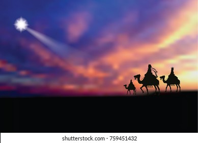 Three wise men following the star to baby Jesus. EPS 10 vector illustration.