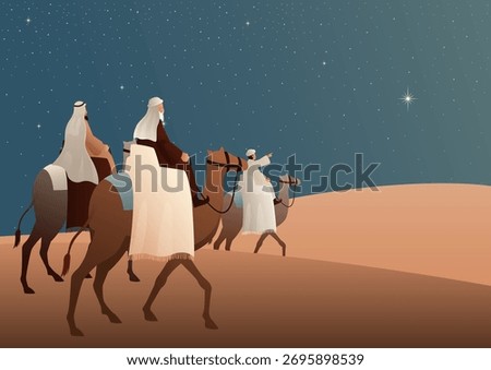Three Wise Men Following the Star of Bethlehem, Christmas Nativity Journey Vector Illustration