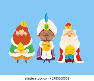 Tres sabios con regalos celebran Epifanía - Tres reyes Gaspar, Melchior y Balthazar - ilustración vectorial de estilo caricatura aislada