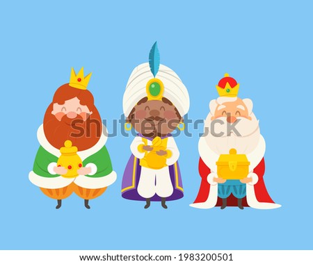Three Wise men with gifts celebrate Epiphany - Three kings Gaspar, Melchior and Balthazar - cartoon style vector illustration isolated
