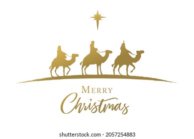 Three wise men golden silhouette, nativity scene. Merry Christmas,   three kings and star, Holy night background. Happy epiphany day vector illustration