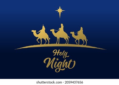 Three wise men golden silhouette, Holy night holiday card. Merry Christmas, gold star and three kings on blue sky. Nativity scene, birth baby Jesus. Happy epiphany day vector illustration