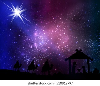 Three wise men and Jesus against the background stars and the cosmos