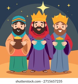 Três Sábios, Reis ou Magos com presentes de ouro, incenso e mirra no deserto para a celebração da Epifania, da Noite de Reis ou Dia de los Reyes Magos. Viagem bíblica da natividade com estrela e fé