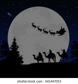 Three wise men or kings and Santa's sleigh on blue night, vector illustration