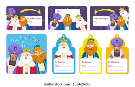 Three Wise Men label collection in Spanish. Seven cartoon labes with the kings of Orient, perfect for children gifts in Epiphany day.