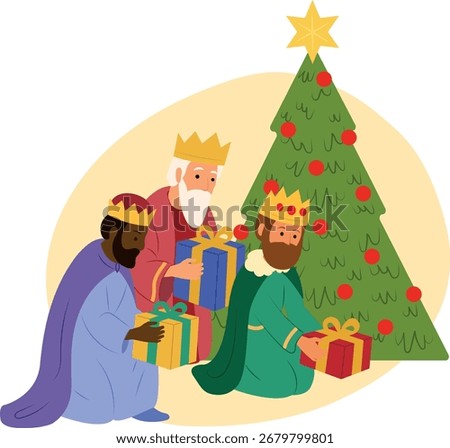 The Three Wise Men leave gifts under the Christmas tree