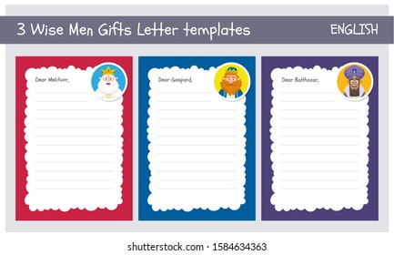Three wise men letter template set in English. Din A4 vertical format, one template for each king of Orient.