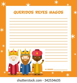 Three Wise Men letter template vector illustration for Christmas time in Spanish, with child characters.
