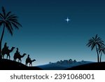 The three wise men, Magi, three Kings, Melchior, Caspar and Balthasar, riding camels following the star of Bethlehem. Epiphany celebration vector illustration. Episode of Bible.