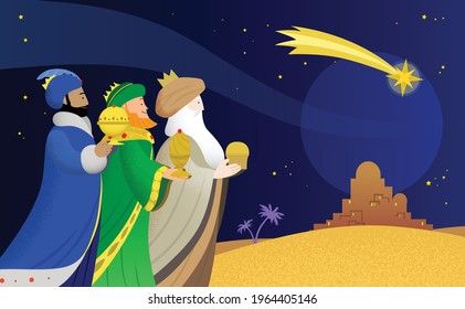 The Three Wise Men, Magi, Three Kings heading to the town of Bethlehem with presents, following the Star of Bethlehem. Epiphany day celebration vector illustration. Biblical story. 