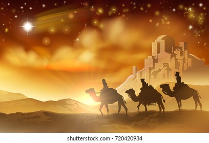 The three wise men magi on their journey following the star of Bethlehem and the city in the background. A nativity Christmas illustration
