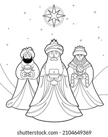 Three Wise men, three magi outline vector illustration for coloring book page for children. Cartoon isolated line art characters, Melchior, Caspar and Balthasar. Nativity or Epiphany celebration. 