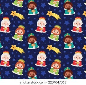 Three wise men Melchior Gaspar Balthazar with christmas star pattern background template card