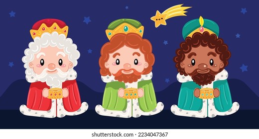 Three wise men Melchior Gaspar Balthazar with comet christmas card