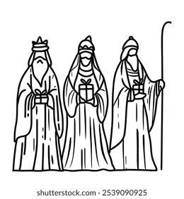 three wise men Nativity Scene Hand drawn Christmas Winter Christianity religion graphic vector illustration isolated on white background color editable 